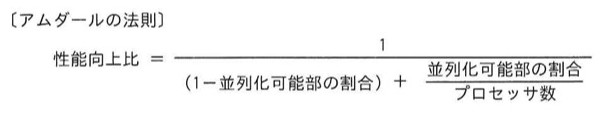 アムダールの法則の式。性能向上比 = 1 ÷ {(1-並列化可能部の割合) + 並列化可能部の割合/プロセッサ数}